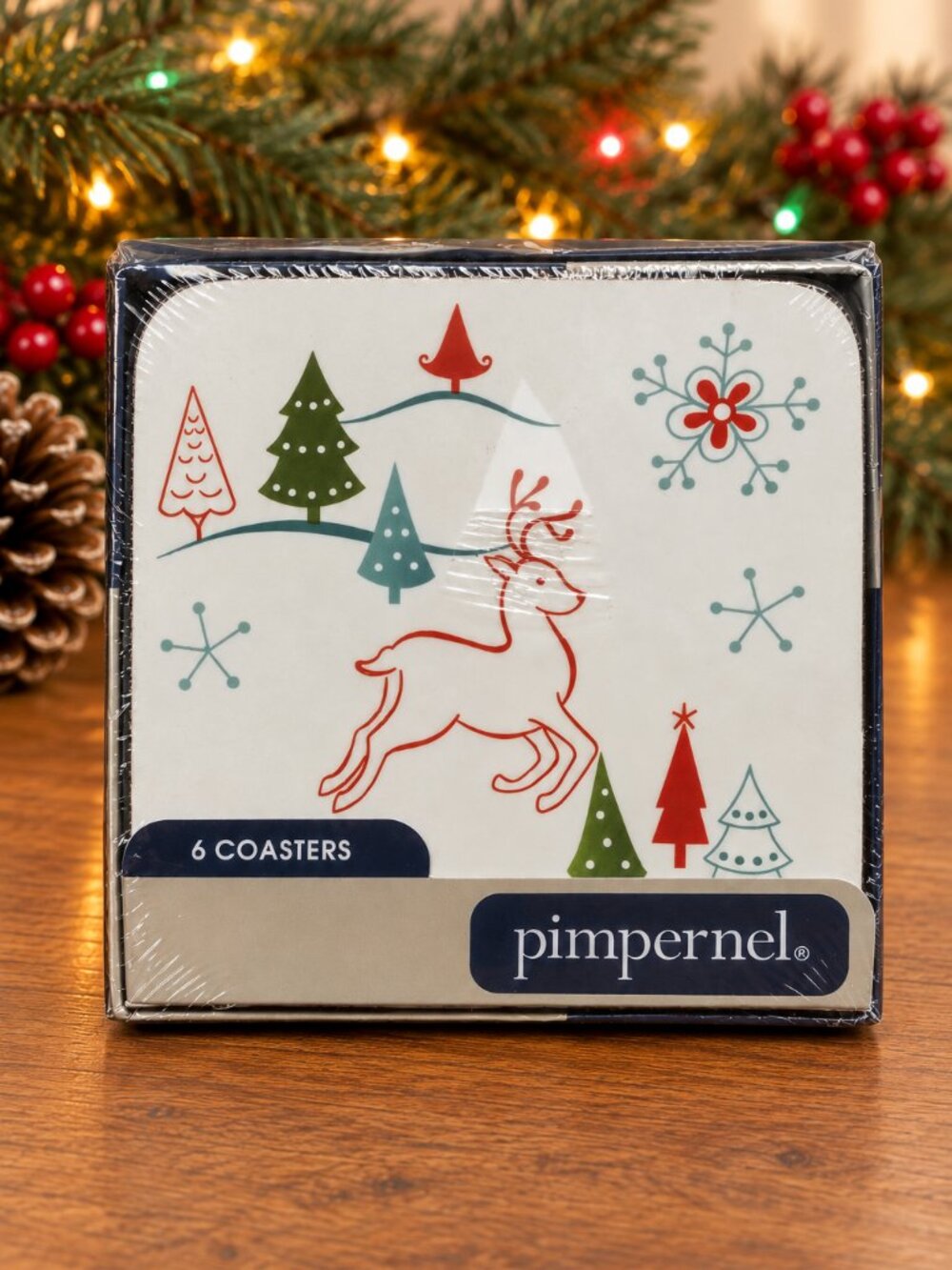 Pimpernel Christmas Coasters Wish Reindeer Trees Set 6 Cork Back NEW Boxed